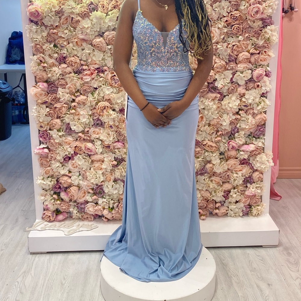 Blue Embellished Ruched Sweetheart Prom Gown - Picture 2 of 3